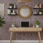 Textured brown tile wall with potted plants and wooden accents, creating a cozy and natural home office or living space ambia.