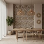 Modern wooden dining table with pendant lights and natural decor.