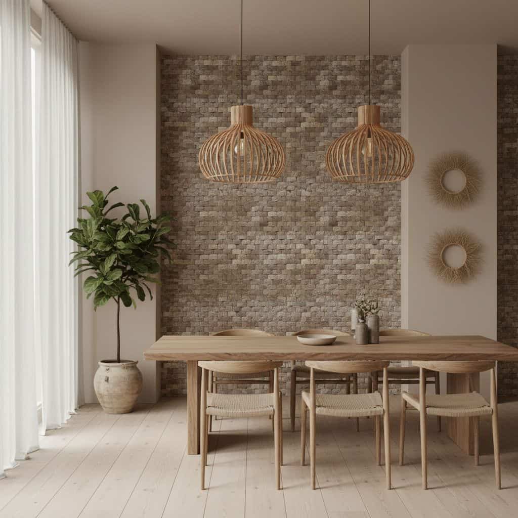 Modern wooden dining table with pendant lights and natural decor.