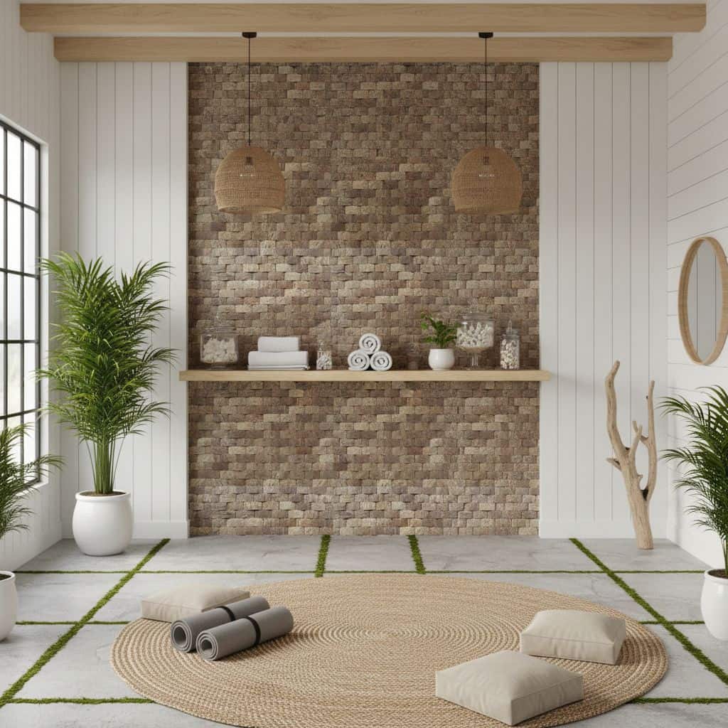 Warm beige brick wall with textured surface and matte finish, complemented by natural wood accents and soft lighting.