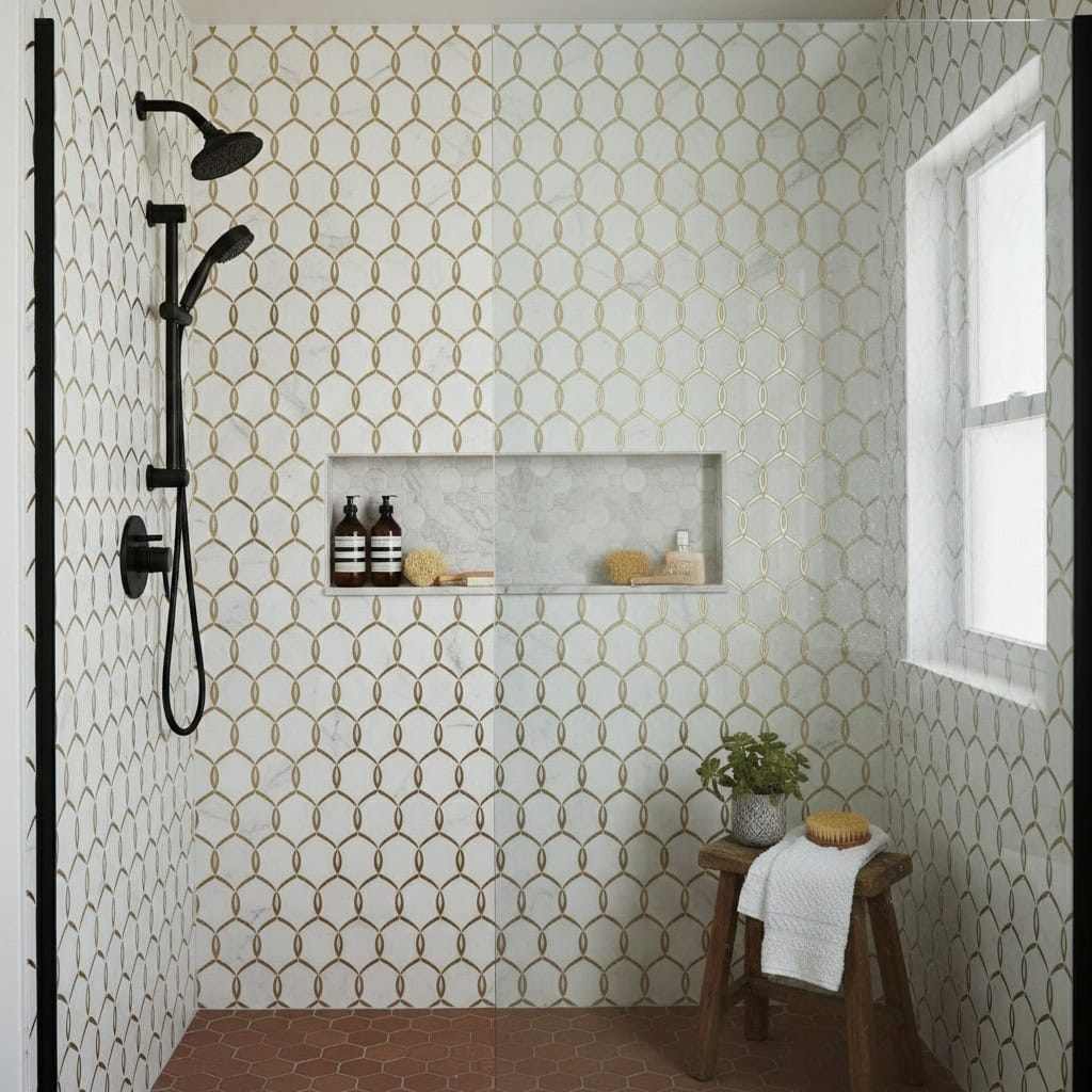 White and gold patterned ceramic tiles with a textured surface.