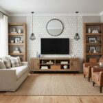 Bright living room featuring beige hexagon tiles on the wall, wooden furniture, and neutral-toned upholstery.