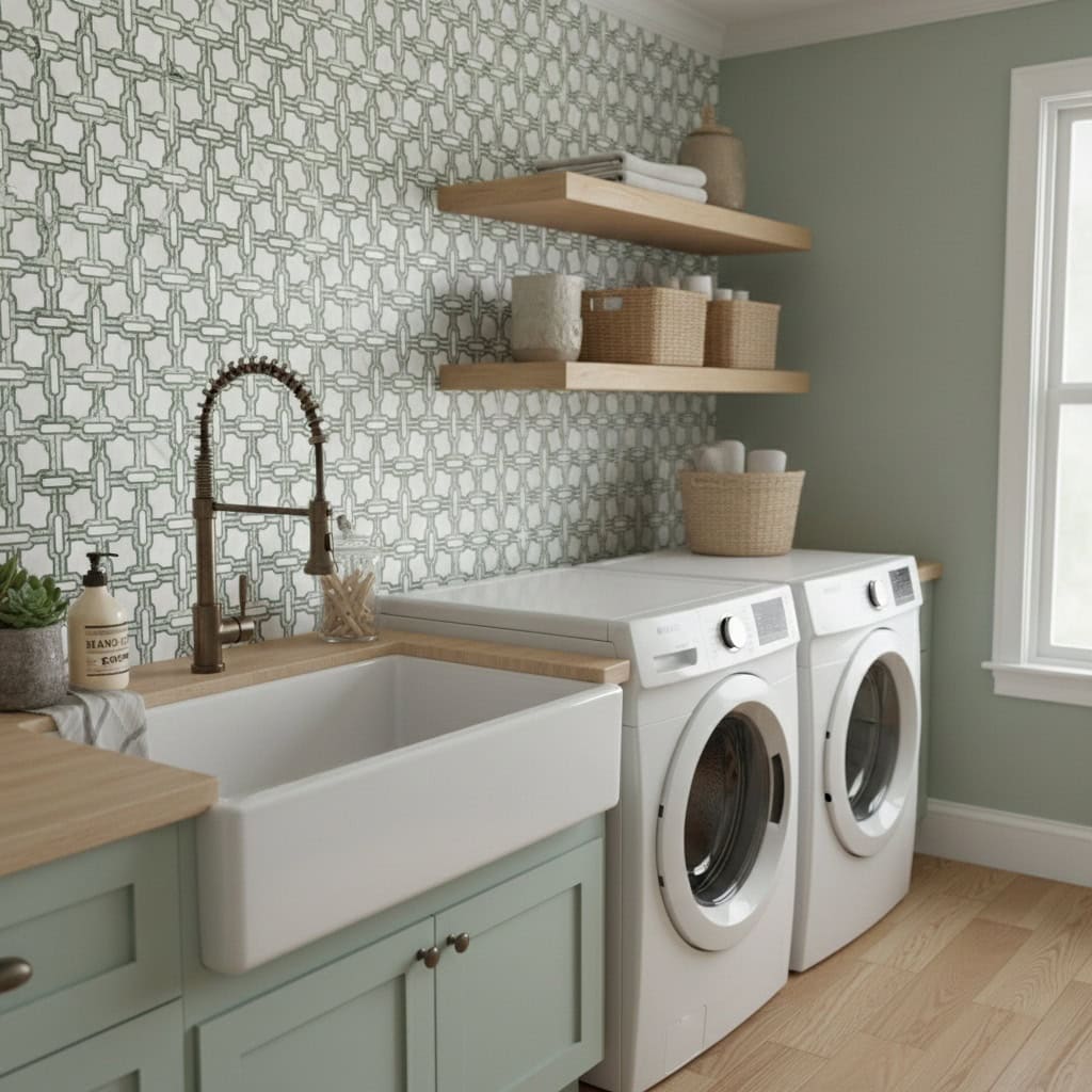 Geometric patterned ceramic tile wall in light green with textured surface, perfect for laundry or utility rooms.