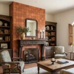 Warm terracotta-colored ceramic tiles with textured surface around fireplace.