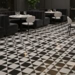 Black and white geometric patterned tile with a matte finish, creating a stylish and contemporary look.