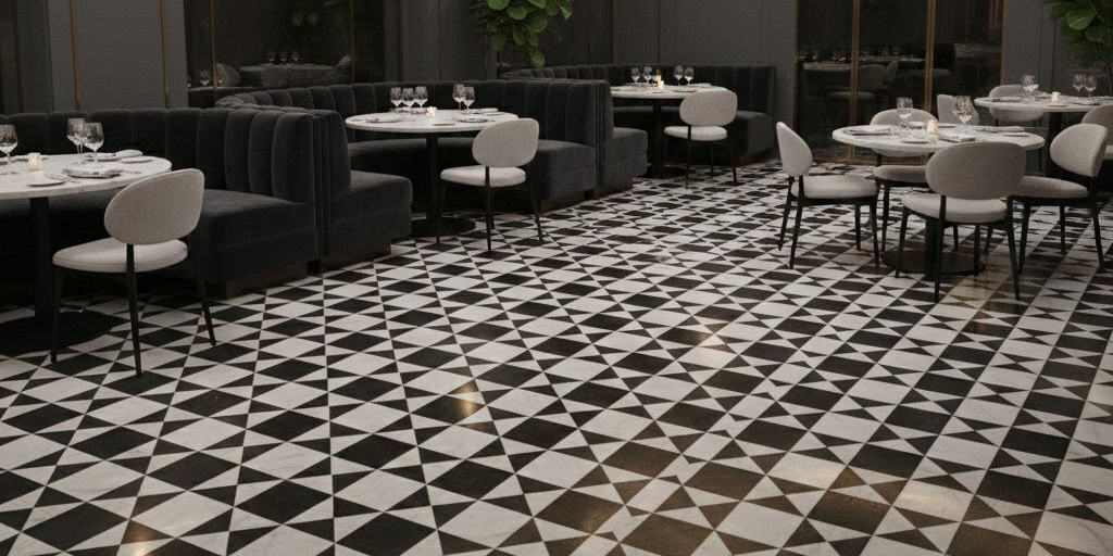 Black and white geometric patterned tile with a matte finish, creating a stylish and contemporary look.