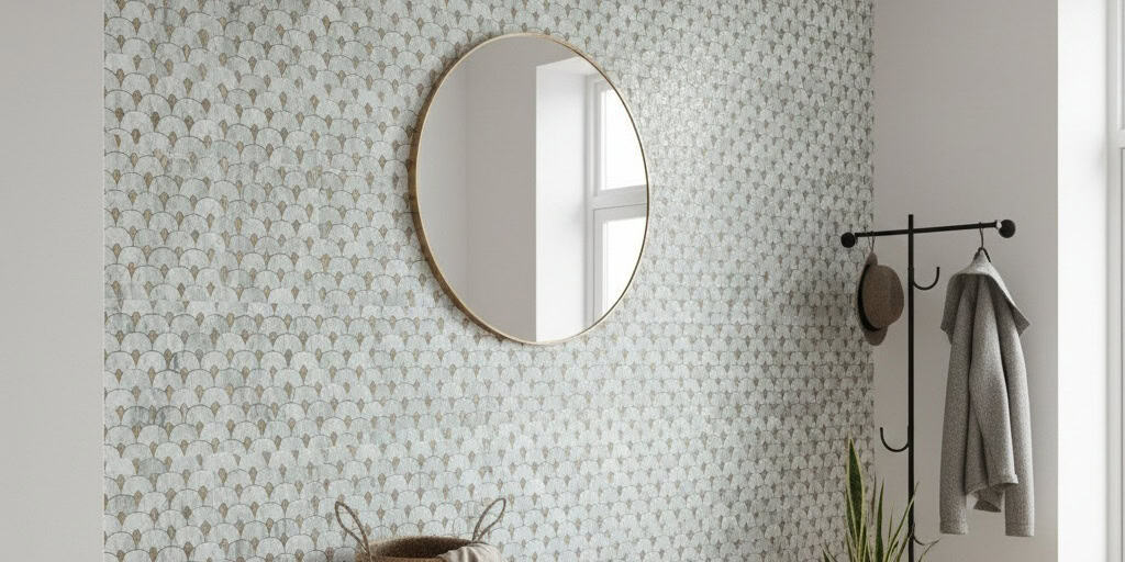 Light-colored ceramic tile with a subtle geometric pattern and matte finish.