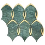 Green marble tile with gold accents, smooth texture, and leaf-like pattern.