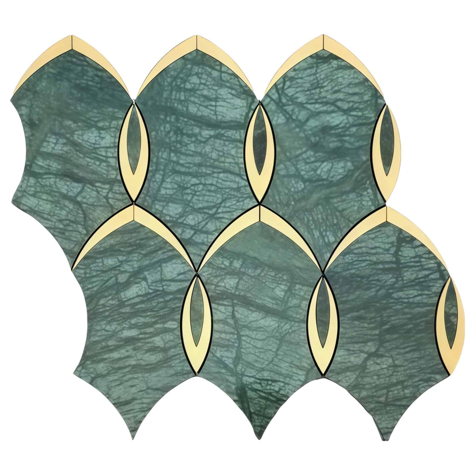 Green marble tile with gold accents, smooth texture, and leaf-like pattern.