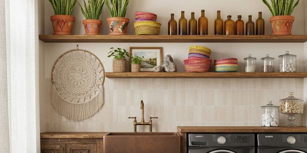 Beige ceramic tile with smooth texture and subtle pattern, complementing the warm wooden cabinets and decor.