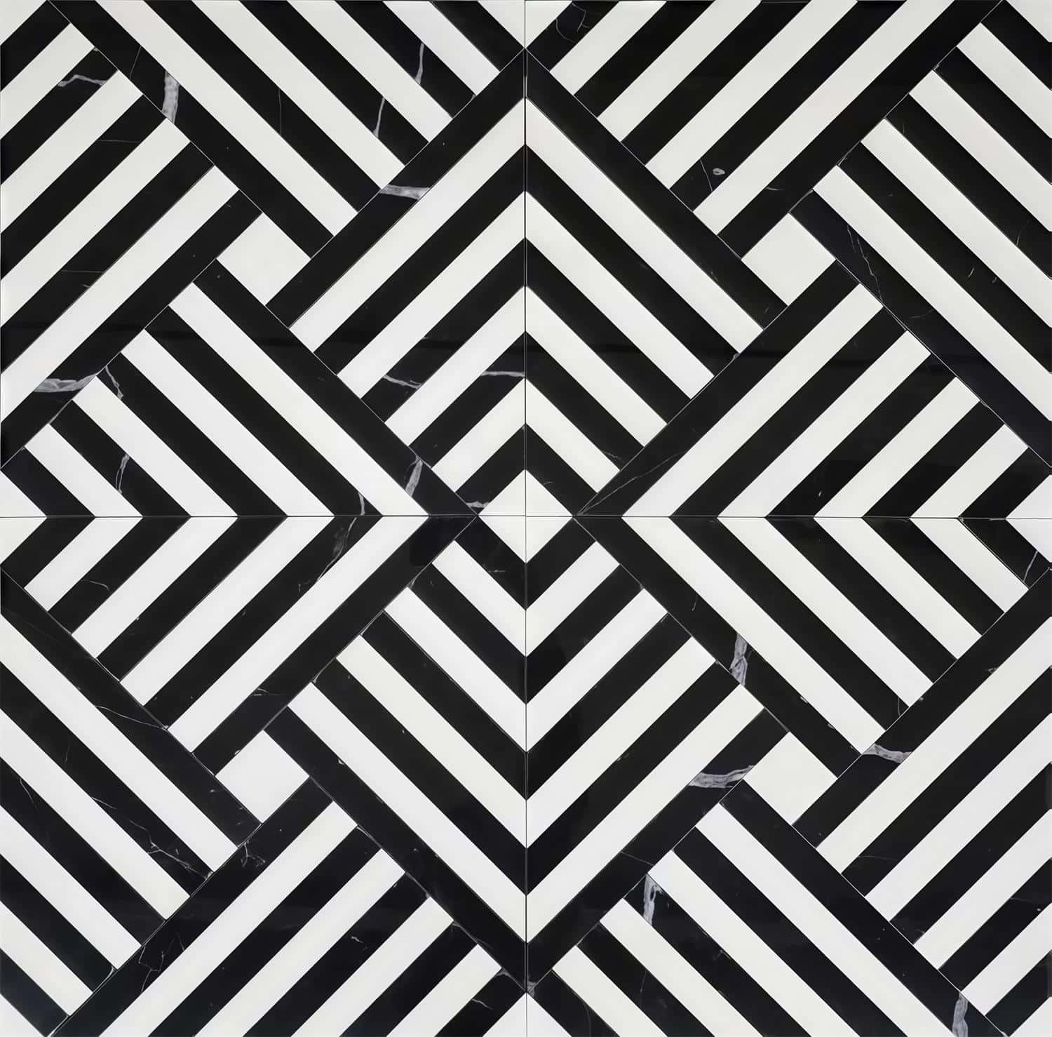 Black and white striped tile with a textured, matte finish in a geometric, diagonal pattern.