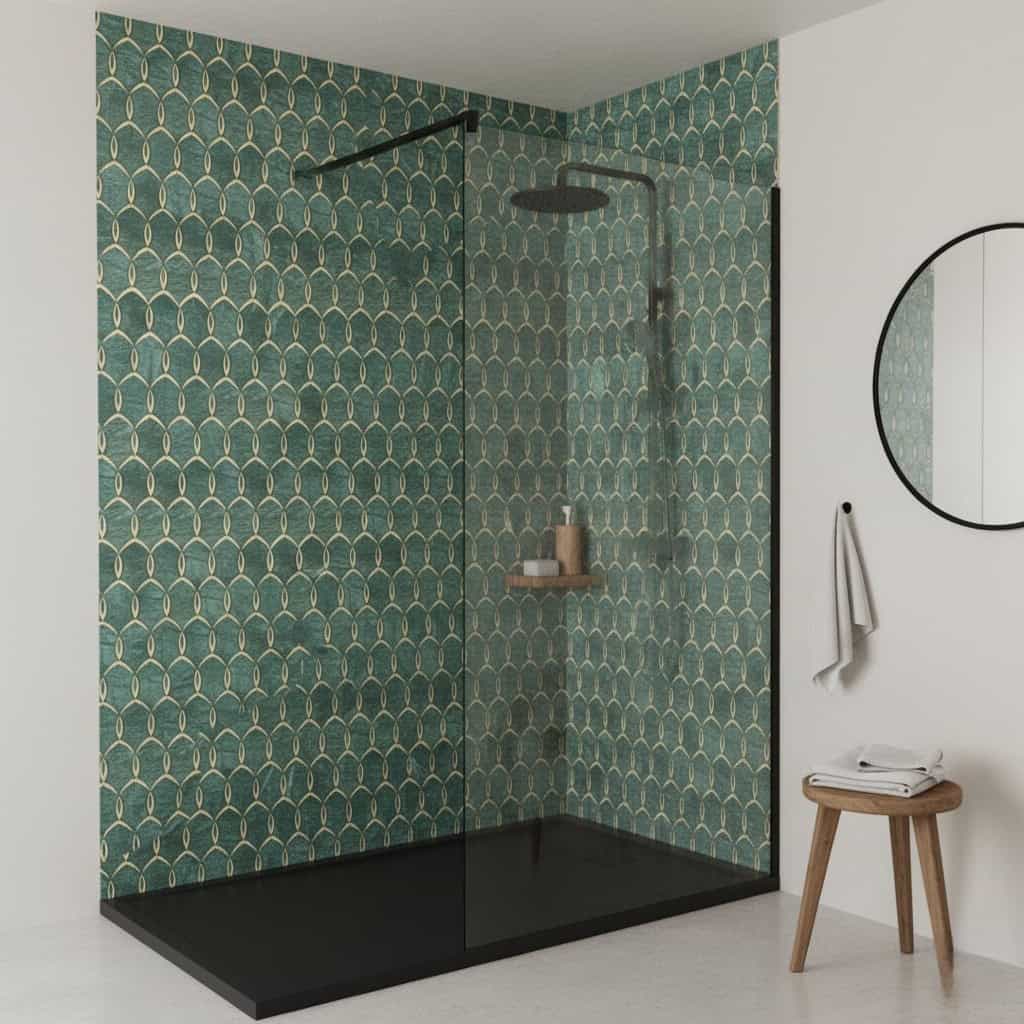 Green geometric patterned tiles with a textured surface in a modern shower enclosure.