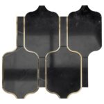 Black marble tiles with gold trim, featuring a geometric pattern and smooth, polished texture.
