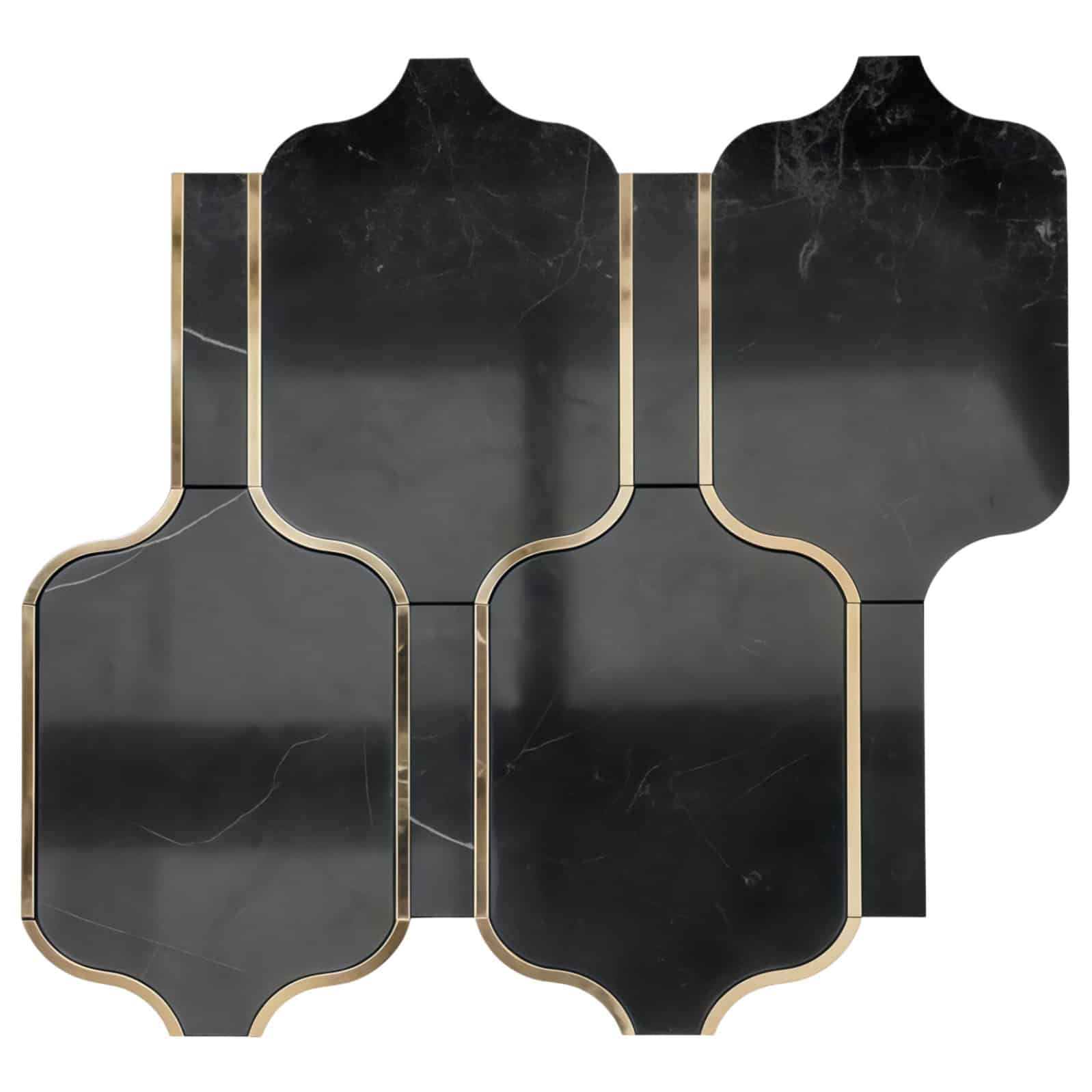 Black marble tiles with gold trim, featuring a geometric pattern and smooth, polished texture.