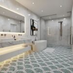 Light gray and white patterned marble tiles with a smooth, polished texture for bathroom flooring.