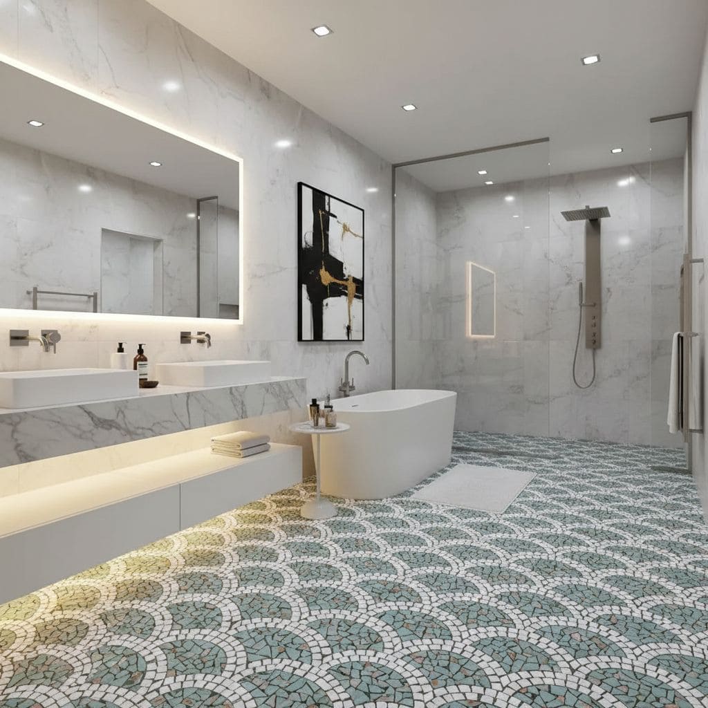Light gray and white patterned marble tiles with a smooth, polished texture for bathroom flooring.