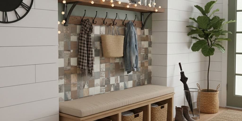 Colorful textured tile wall with hooks holding scarves and jackets, and a beige bench below. Bright, cozy entryway with a lar.