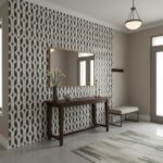 Geometric patterned wall tile in shades of brown, beige, and white with a textured surface.