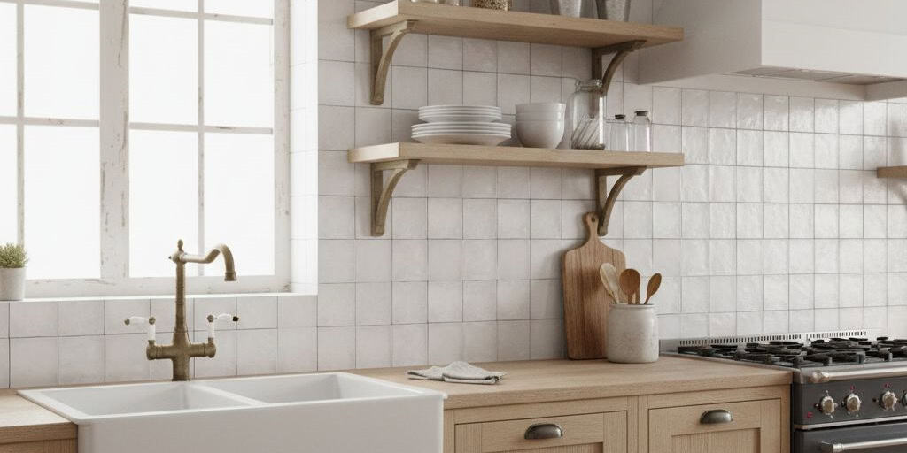 White ceramic tile with a matte finish in a kitchen setting.