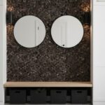 Brown mosaic tile with textured surface and glossy finish.
