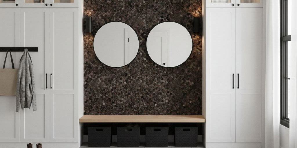 Brown mosaic tile with textured surface and glossy finish.