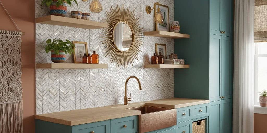 Teal kitchen cabinets with wooden countertops, copper sink, and open shelving with plants and decor, creating a stylish and c.