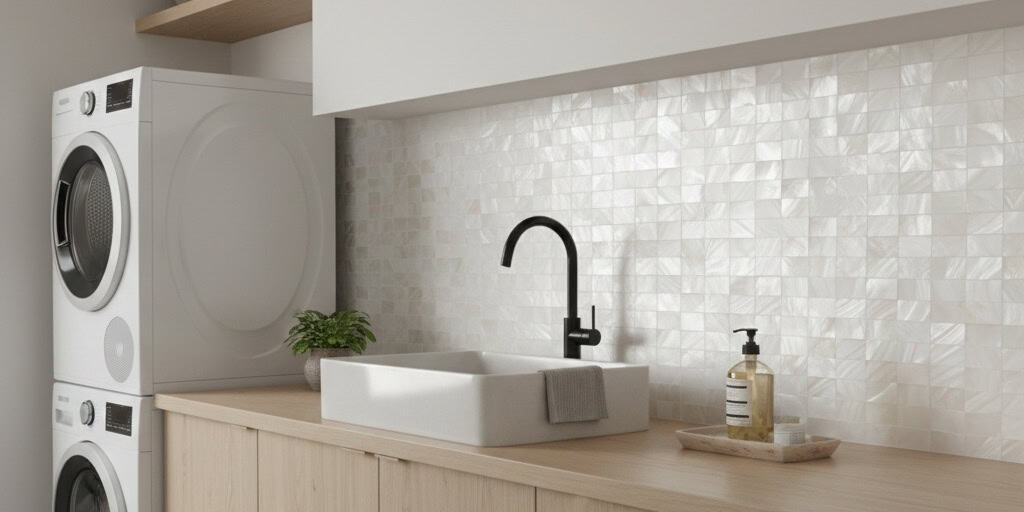 White ceramic tiles with a glossy, textured surface and subtle iridescence.