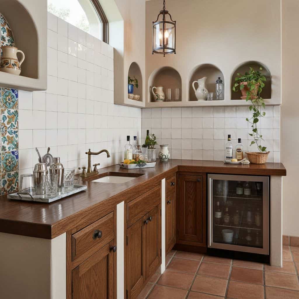 White ceramic tiles with a smooth, glossy finish and a rustic design, complementing the warm wooden cabinetry and creating a.