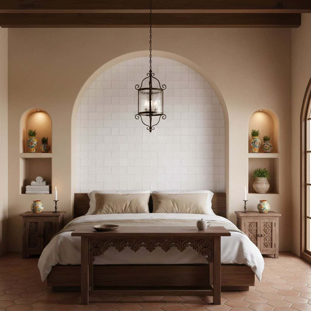 Bright bedroom featuring a white tiled wall behind the bed, wooden furniture, and warm lighting creating a cozy atmosphere.