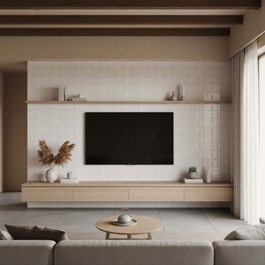 White ceramic tile wall with a smooth, glossy finish and subtle texture, creating a clean and minimalist look.