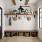 A welcoming entryway featuring a wooden bench, hats, and shoes, with a shelf holding plants, books, and decorative items, ill.