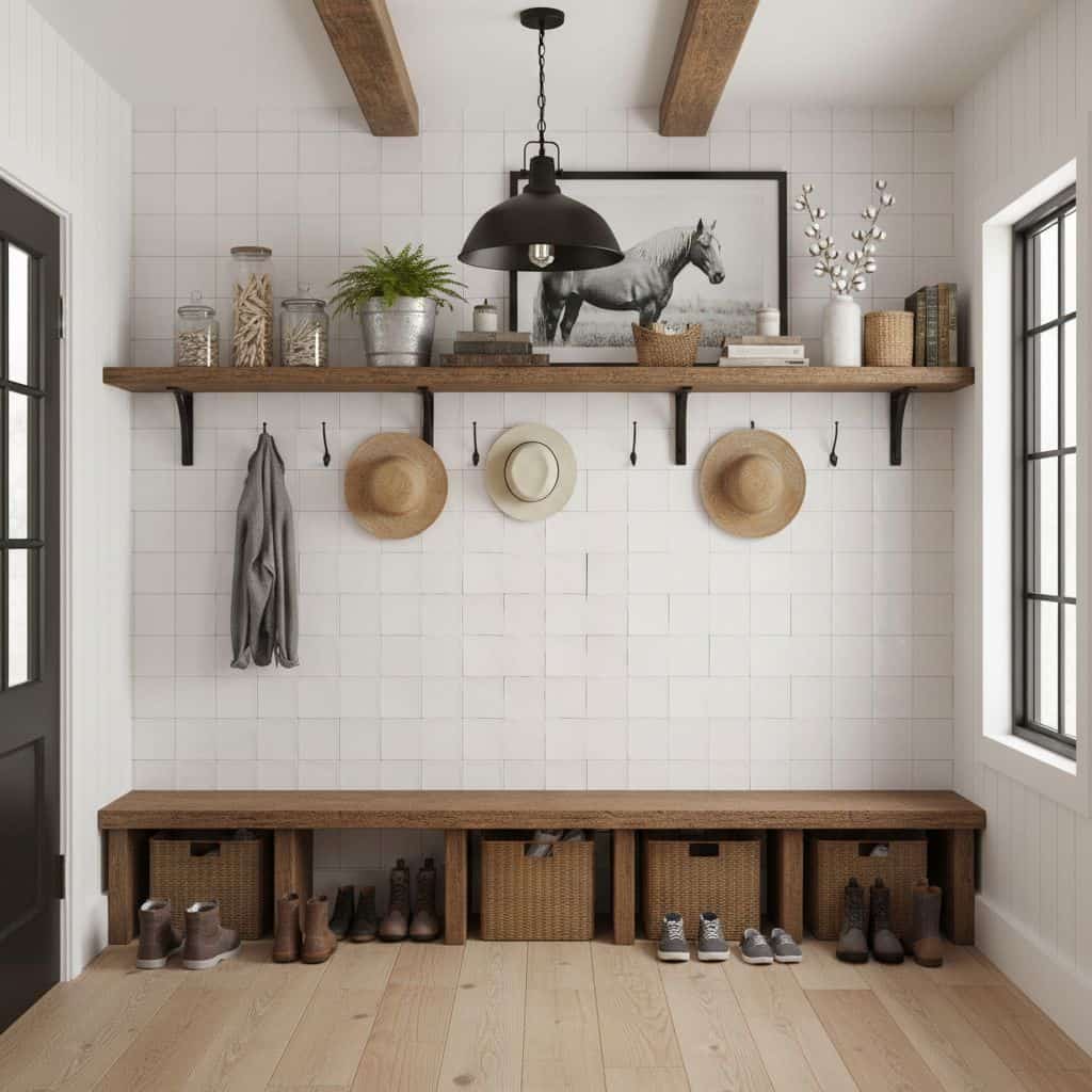 A welcoming entryway featuring a wooden bench, hats, and shoes, with a shelf holding plants, books, and decorative items, ill.
