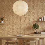 Beige wood textured tile wall with a smooth finish, featuring a natural wood grain pattern.