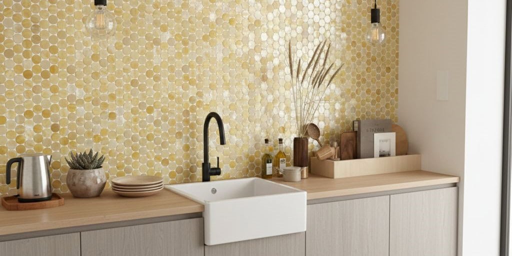Golden hexagon tile with a glossy finish, textured surface, and reflective quality.