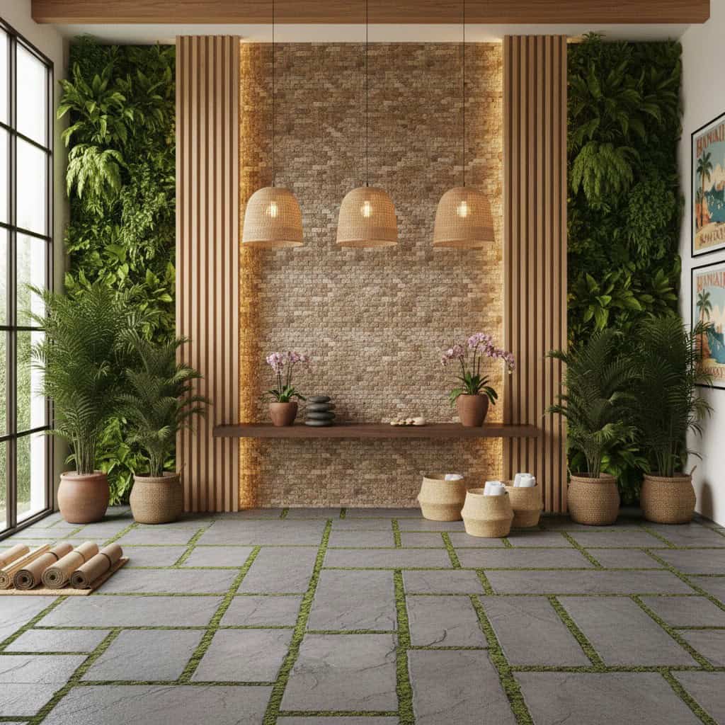 Zen yoga studio feature wall earthy coconut mosaic tile