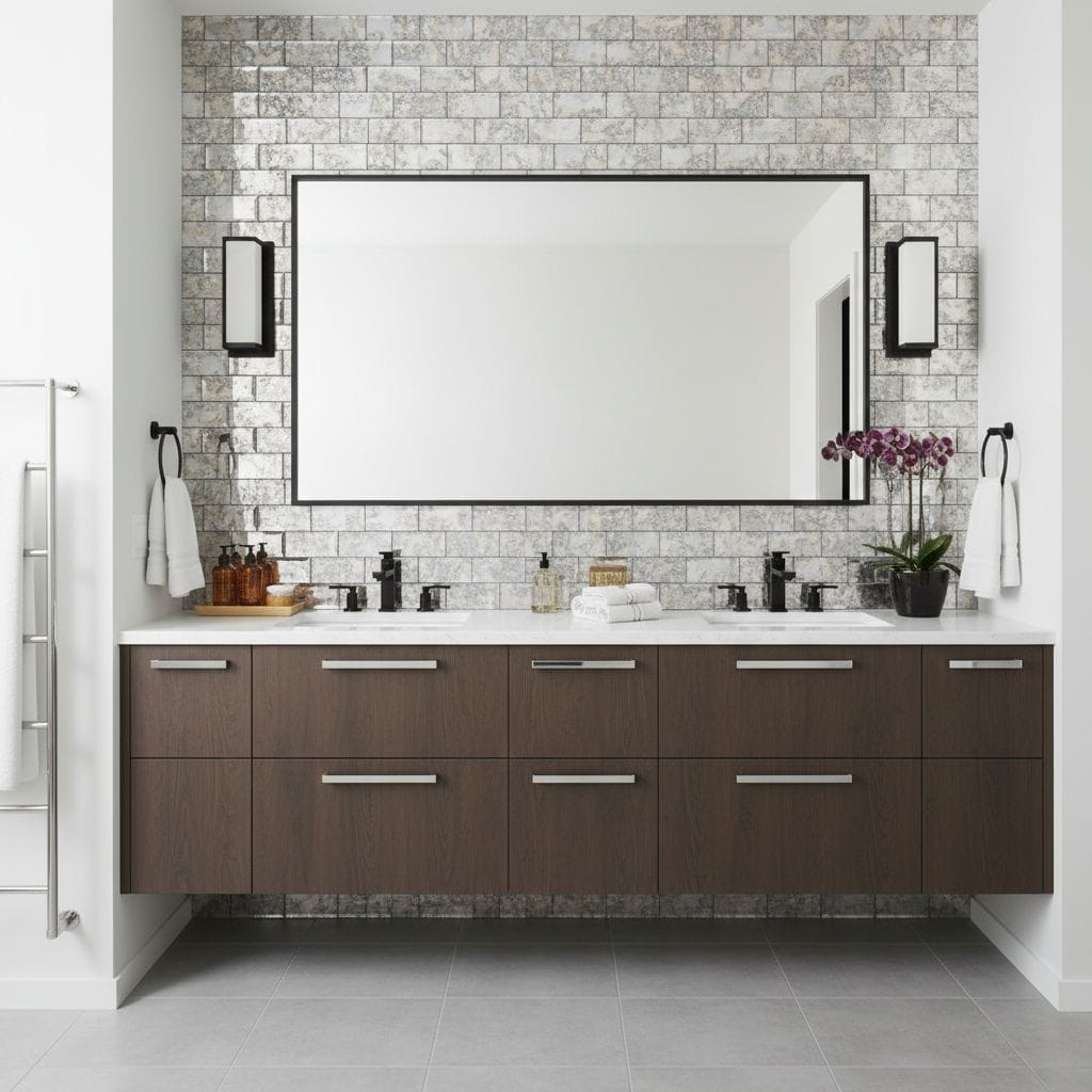 A large rectangular mirror above a wooden bathroom vanity with stone tile backsplash, black fixtures, and decorative elements.