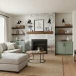 Bright living room with gray brick fireplace, green cabinets, and wooden accents.