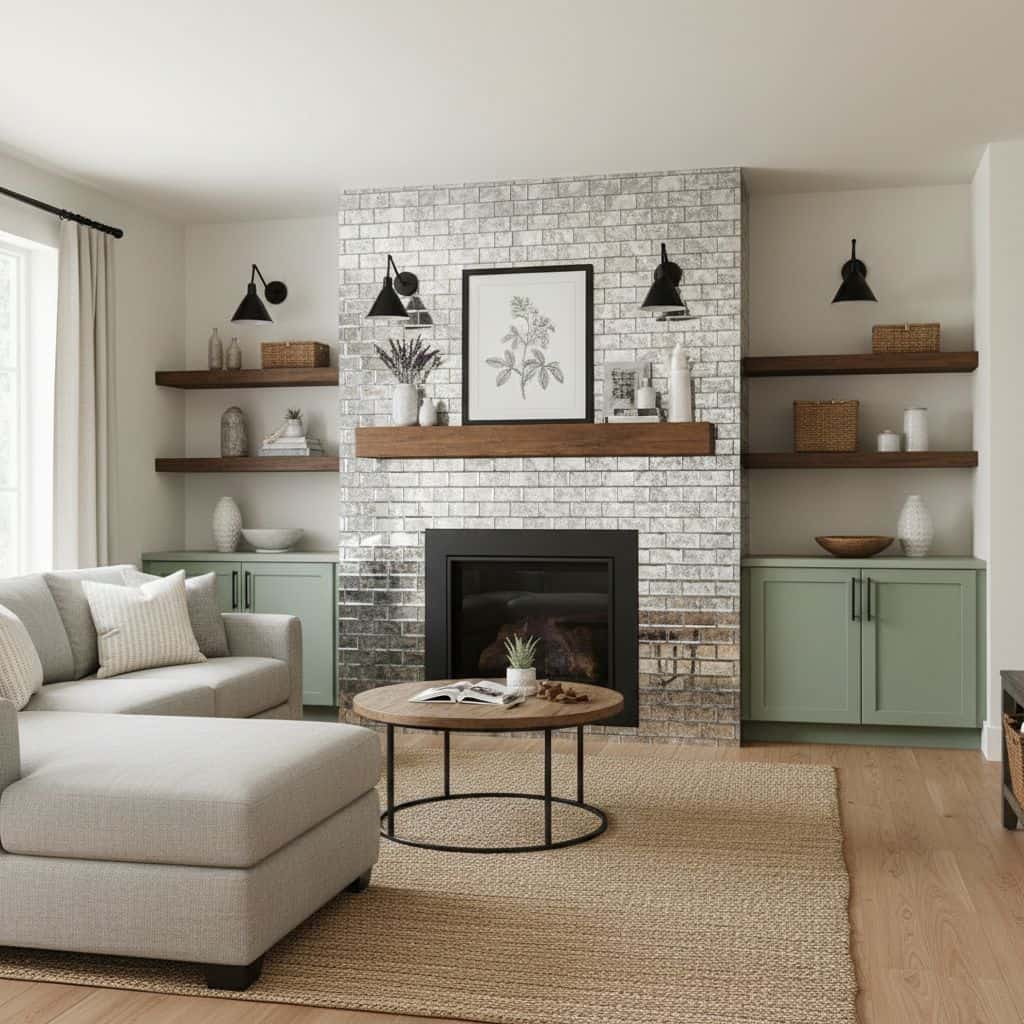 Bright living room with gray brick fireplace, green cabinets, and wooden accents.