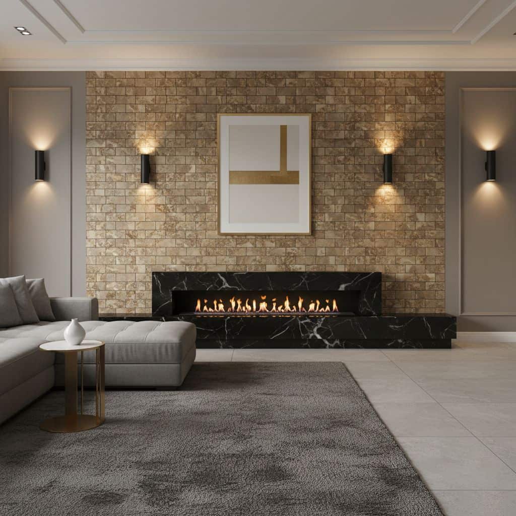 Brick wall with beige tones and textured surface, featuring a sleek black marble fireplace.