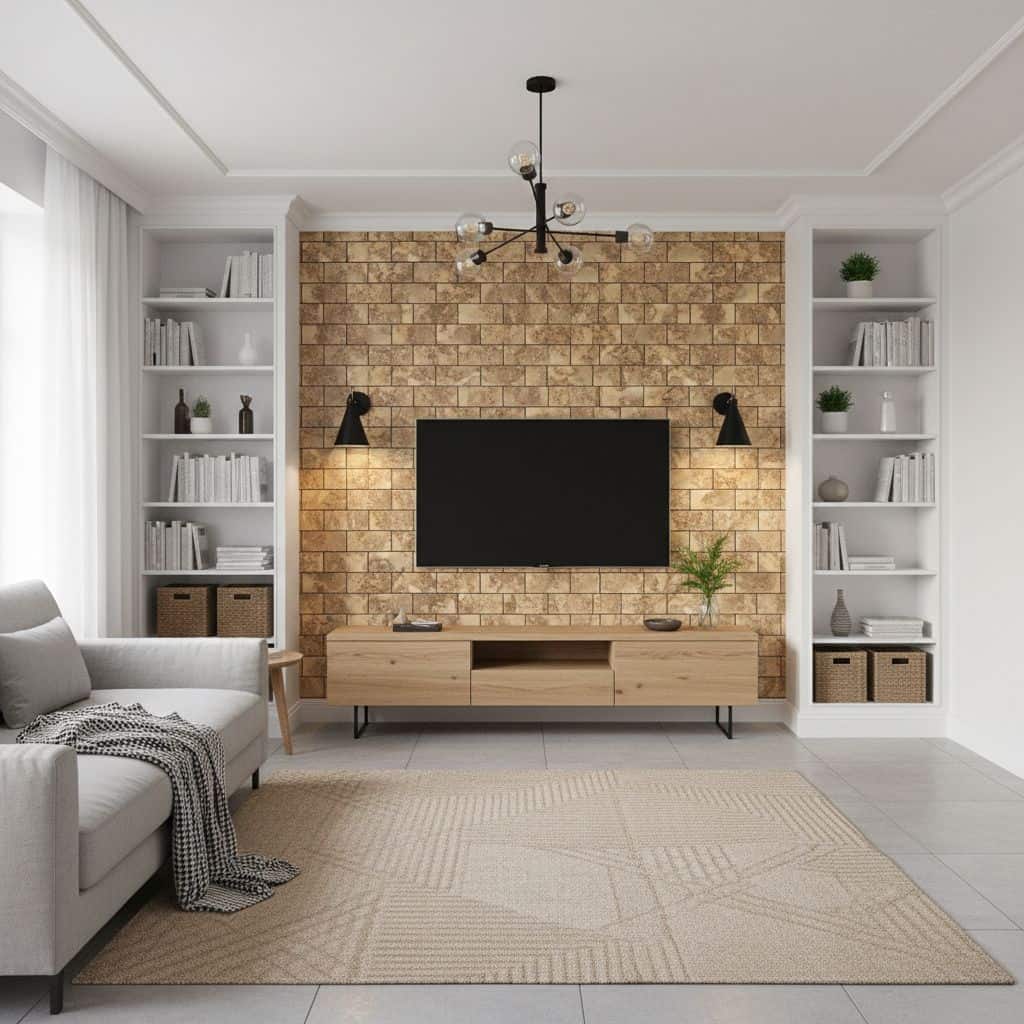 Brick-textured tile wall in warm beige tones.