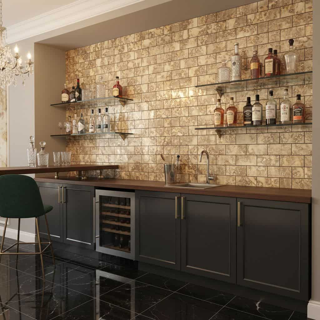Gold brick wall tile with textured, metallic finish for stylish interior accents.