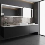 Modern bathroom vanity with sleek black cabinetry and a white countertop.