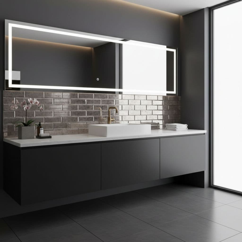 Modern bathroom vanity with sleek black cabinetry and a white countertop.