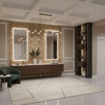 Bright, textured brick wall with two illuminated mirrors and a sleek wooden console, complemented by a black bookshelf and el.