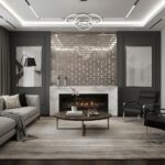 Elegant gray brick tile with a textured surface and subtle sheen, complementing the contemporary living room decor.