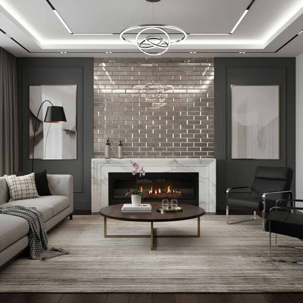 Elegant gray brick tile with a textured surface and subtle sheen, complementing the contemporary living room decor.