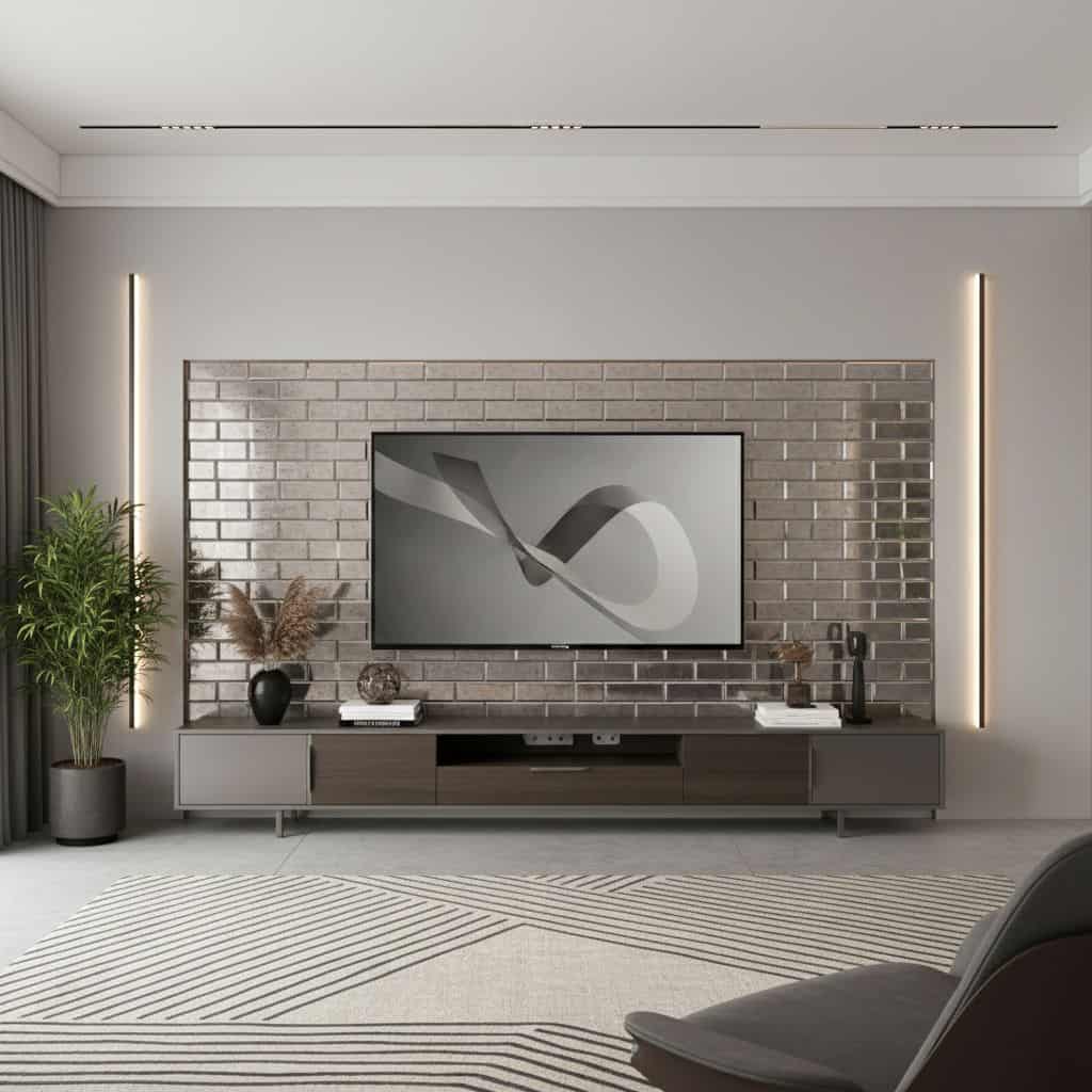 A sleek living room featuring a gray brick wall behind a flat-screen TV, complemented by minimalist decor and soft lighting f.