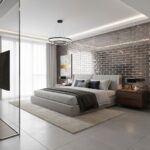 Modern bedroom with gray brick wall tiles, sleek design, and minimalist decor.