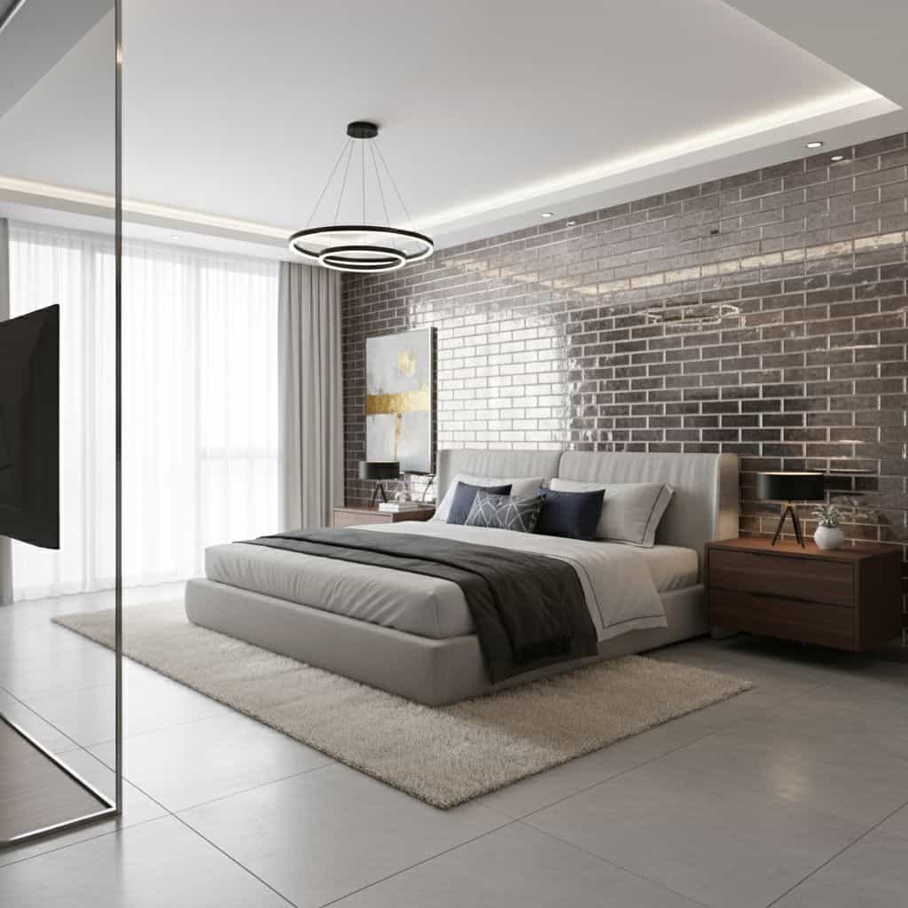 Modern bedroom with gray brick wall tiles, sleek design, and minimalist decor.