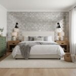 Gray brick wall tile with textured surface, creating a contemporary and stylish backdrop in the bedroom.